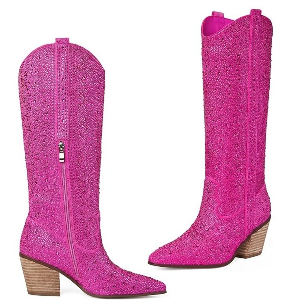 NWT Sparkling Bling Swarovski Crystal PINK Women Knee High Cowboy Boots … - Picture 5 of 11